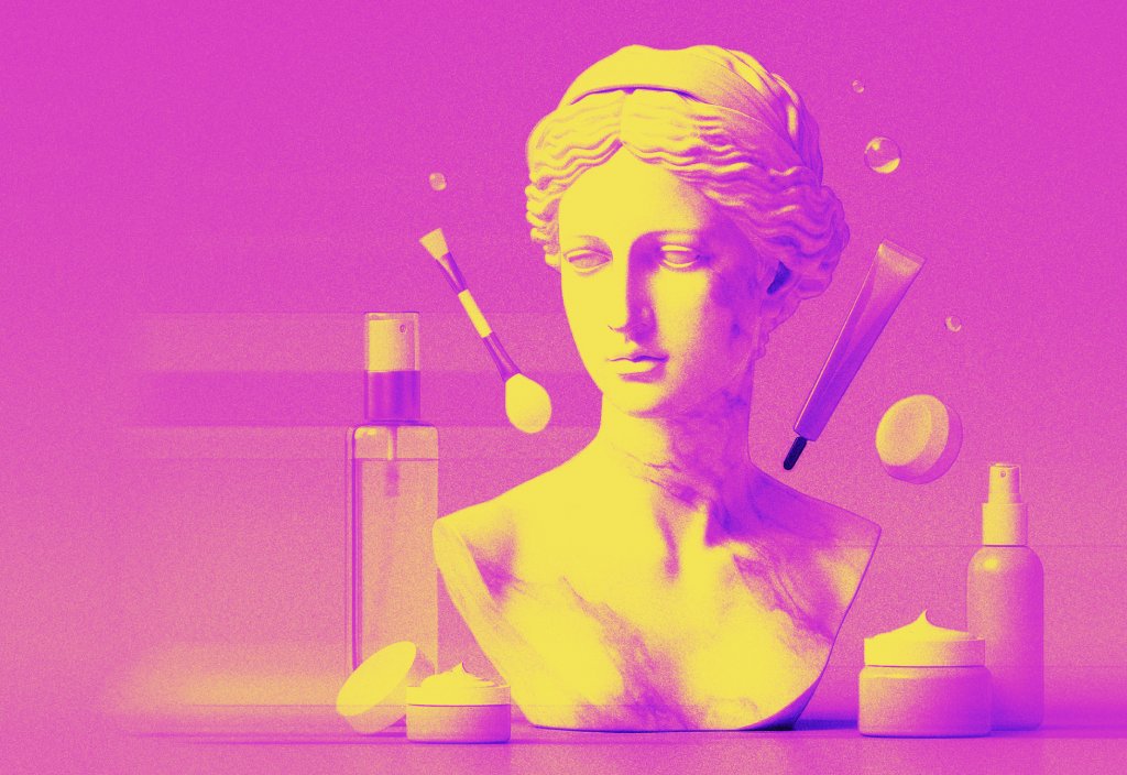 Classical statue styled in vivid pink and yellow